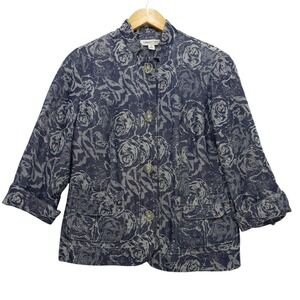 Coldwater Creek Mandarin Collar‎ Jacket Linen Blend Blue Floral Rose Print Sz 6